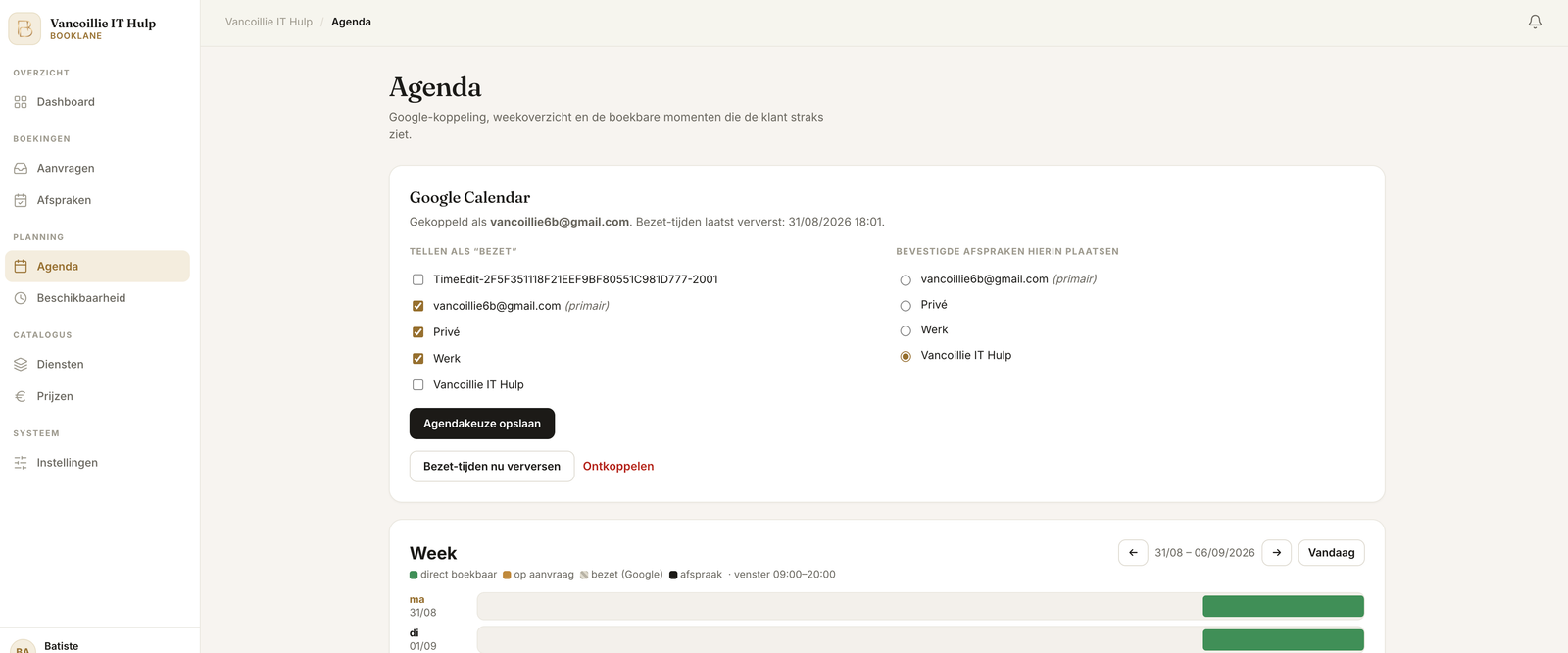 Web-admin — agenda en Google-koppeling